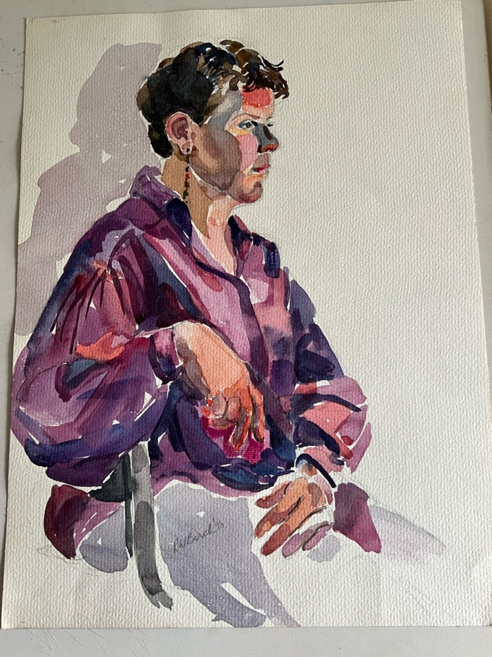 Original watercolor portrait vintage painting
